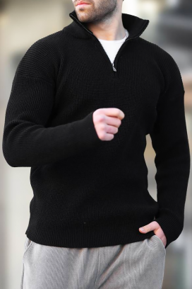 stylowy męski sweter z wysokim golfem na zamek i wypukłą fakturą RAJEZO BLACK