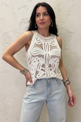 Ażurowy top z dzianiny w kwiaty w stylu boho VAMZERA ECRU