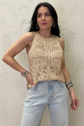 Ażurowy top z dzianiny w kwiaty w stylu boho VAMZERA BEIGE