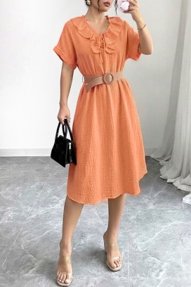 Efektowna sukienka midi z falbankami i kołnierzykiem VIREMORA ORANGE