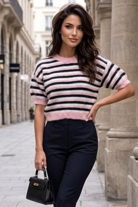 Damski sweter w paski z krótkim rękawem DARVESA PINK