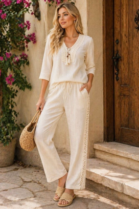 lniany komplet damski spodnie i bluzka w stylu boho LENIA