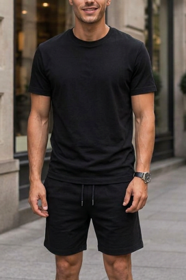 Męski zestaw z T-shirtem z nadrukiem i krótkimi spodenkami JERARDO BLACK