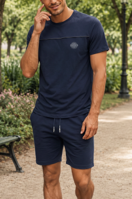 Męski komplet z T-shirtem z nadrukiem i krótkimi spodenkami JERARDO NAVY