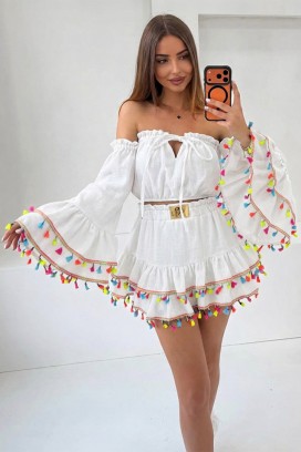 Damski boho komplet z krótkim topem z efektownymi rękawami i mini spódniczką z frędzlami FIESTIA WHITE