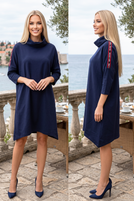sportowa-elegancka sukienka z długimi rękawami i asymetryczną długością ASEMONA NAVY