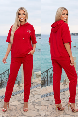 damski sportowy komplet bluza z kapturem i spodniami REDYNA RED