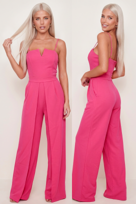 elegancki kombinezon z modelowanym dekoltem i szerokimi spodniami ELVARENA FUCHSIA