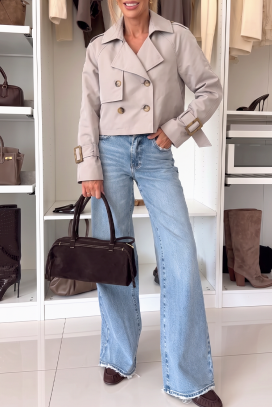 krótki damski trencz dwurzędowy SHARMITA BEIGE