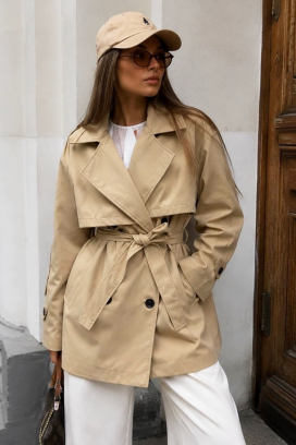 damski trencz z paskiem i dwurzędowym zapięciem EMALIANA BEIGE