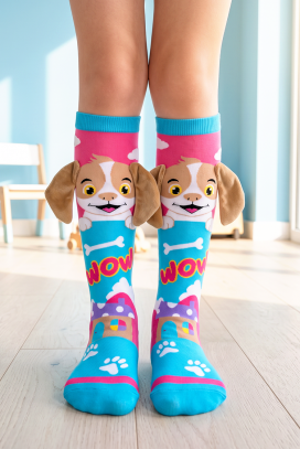 dziecięce podkolanówki z 3D nadrukiem pieska i miękkimi uszkami PUPPY PAW