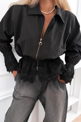 elegancka damska kurtka bawełniana z koronką i elastyczną talią LORETINA BLACK