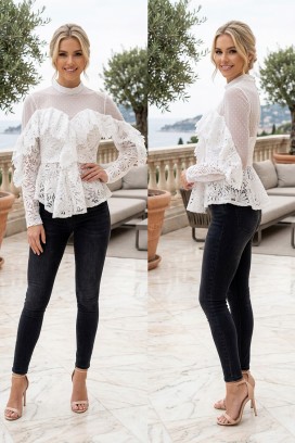 elegancka koronkowa bluzka z przezroczystą górą i falbanami LUCIVELA WHITE