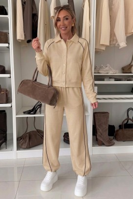 Damski sportowo-elegancki komplet z krótką kurtką i spodniami jogger LAMONIA BEIGE