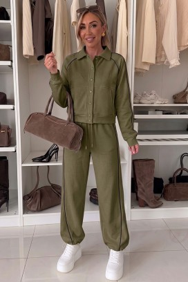 damski sportowo-elegancki komplet z krótką kurtką i spodniami jogger LAMONIA KHAKI