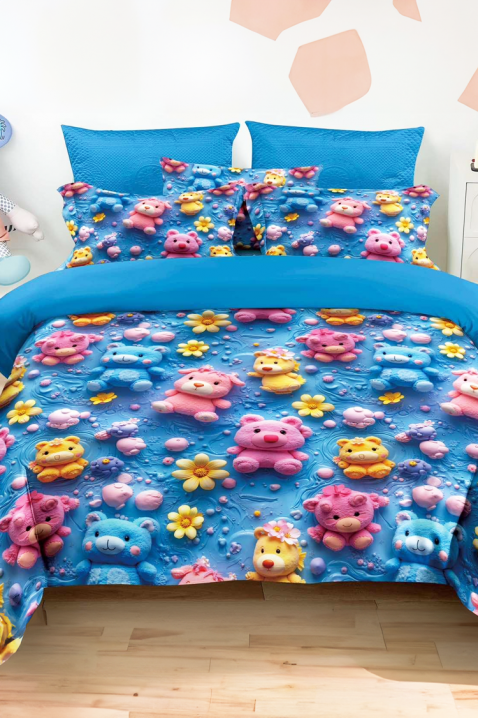 Komplet pościeli FLOWERS BEAR 160x200 cm bawełna - 3 elementy, Kolor : chabrowy, IVET.PL - Modna odzież