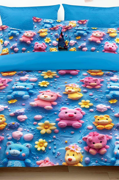 Komplet pościeli FLOWERS BEAR 160x200 cm bawełna - 3 elementy, Kolor : chabrowy, IVET.PL - Modna odzież