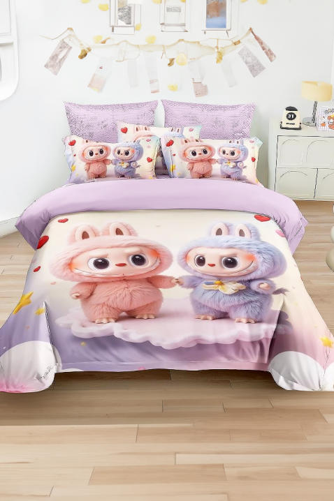 Komplet pościeli LABUBU LOVE 160x200 cm bawełna - 3 elementy, Kolor : fioletowy, IVET.PL - Modna odzież
