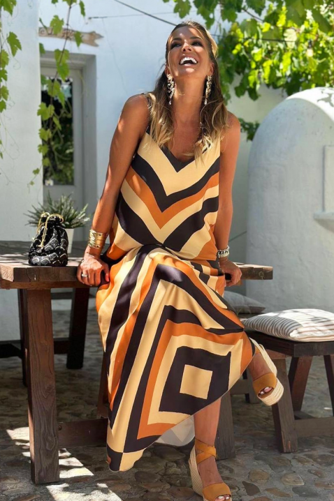 Długa sukienka z wielokolorowym wzorem i dekoltem w serek FERFOLA, Kolor : wielokolorowy, IVET.PL - Modna odzież