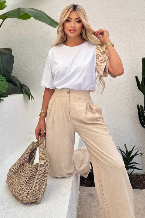 Codzienny nowoczesny komplet z efektownym rękawem HIRDONA BEIGE, Kolor :  beżowy, IVET.PL - Modna odzież