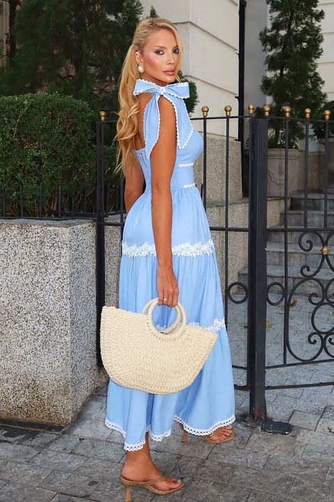 Długa sukienka o eleganckim kroju z kwiatowymi elementami KASIRELA, Kolor : chabrowy, IVET.PL - Modna odzież