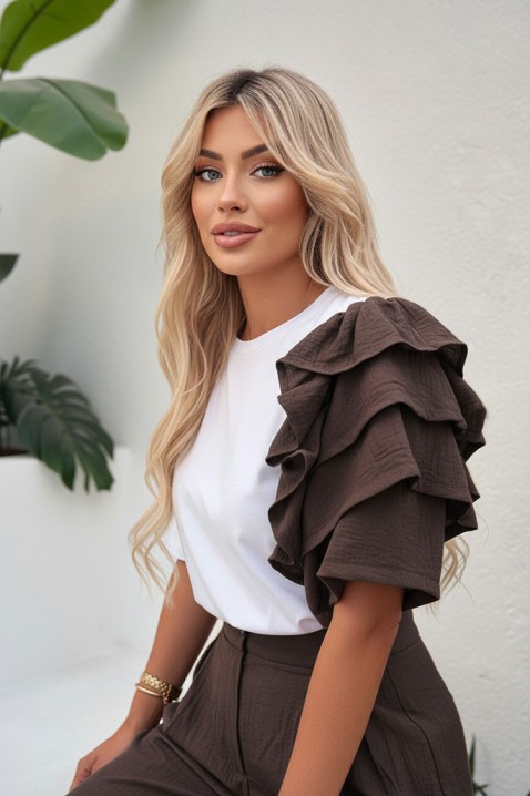 Codzienny nowoczesny zestaw ze spektakularnym rękawem HIRDONA BROWN, Kolor : brązowy, IVET.PL - Modna odzież