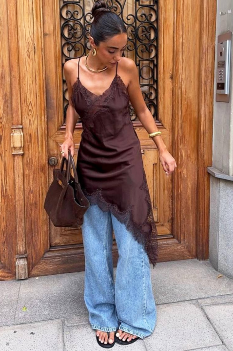 Asymetryczna delikatna tunika z koronką i rozcięciem VELIMIRA BROWN, Kolor : brązowy, IVET.PL - Modna odzież