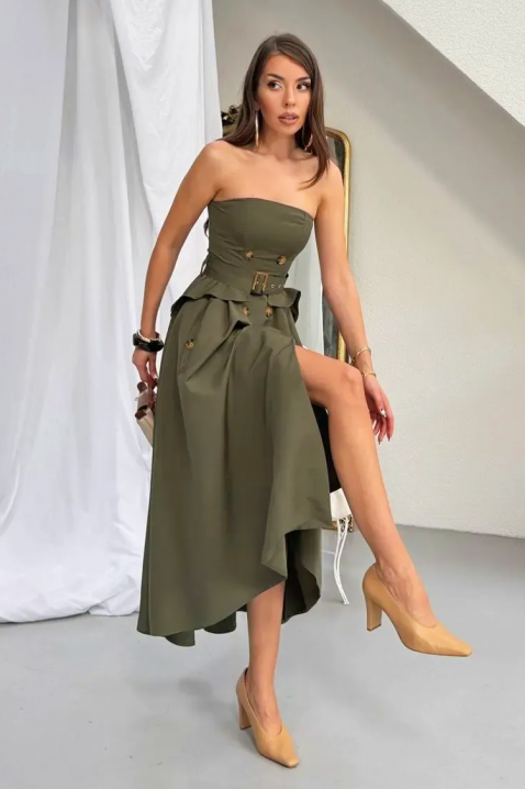 Elegancka, długa, asymetryczna sukienka z efektem gorsetu FLORENTIA KHAKI, Kolor : oliwkowy, IVET.PL - Modna odzież