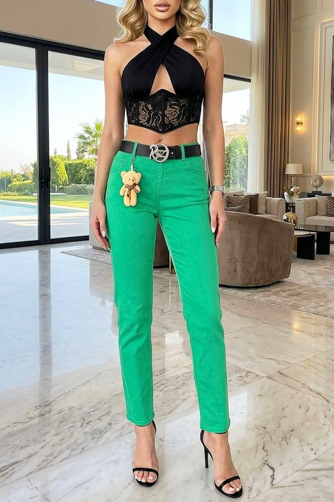 Długie jeansy damskie z wysokim stanem i modnym kolorem na sezon CALZARA, Kolor : zielony, IVET.PL - Modna odzież