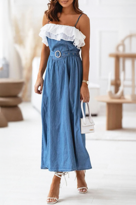 Elegancka długa sukienka z falbanami i ozdobnym paskiem TOMINZA, Kolor : chabrowy, IVET.PL - Modna odzież