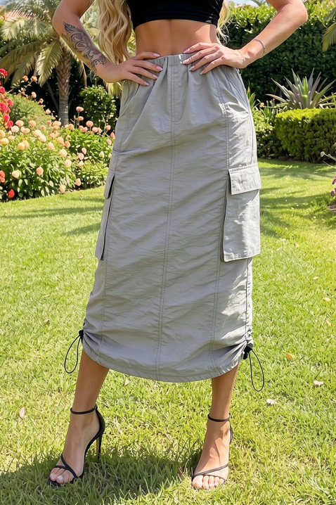 Sportowo-elegancka spódnica midi damska z wysokim stanem i kieszeniami cargo CALZINA GREY, Kolor : szary, IVET.PL - Modna odzież