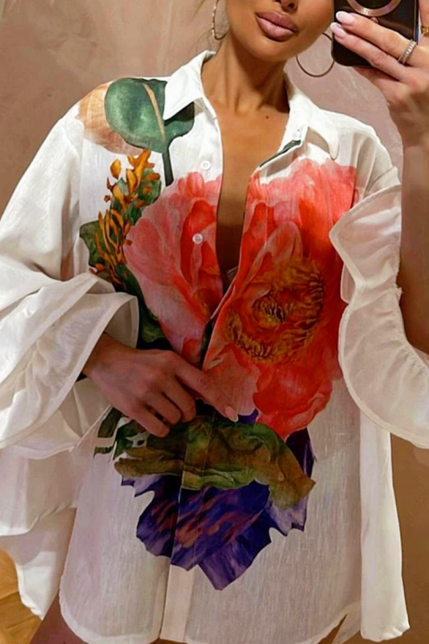 Stylowa asymetryczna koszula damska z efektownym kwiatowym nadrukiem EVGENITA, Kolor : biały, IVET.PL - Modna odzież