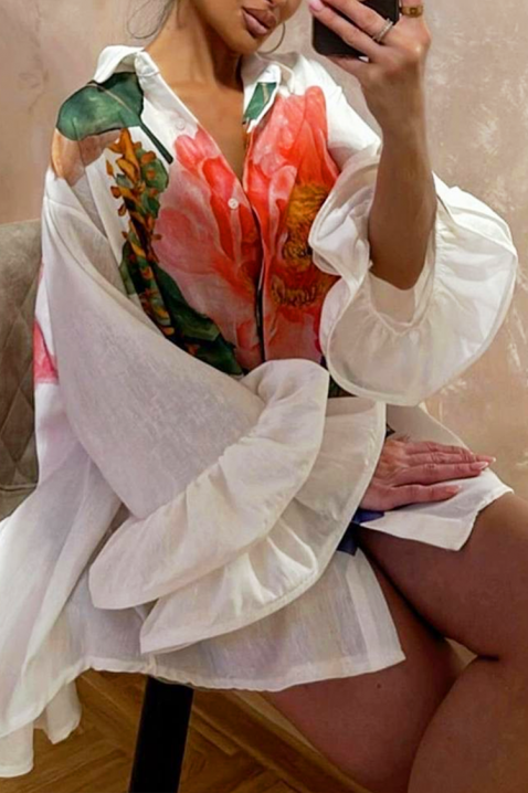 Stylowa asymetryczna koszula damska z efektownym kwiatowym nadrukiem EVGENITA, Kolor : biały, IVET.PL - Modna odzież