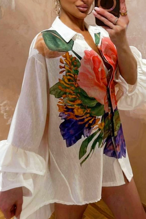 Stylowa asymetryczna koszula damska z efektownym kwiatowym nadrukiem EVGENITA, Kolor : biały, IVET.PL - Modna odzież
