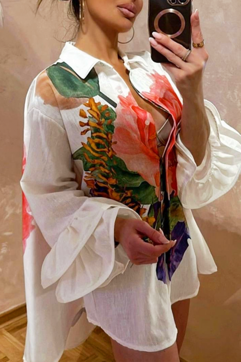 Stylowa asymetryczna koszula damska z efektownym kwiatowym nadrukiem EVGENITA, Kolor : biały, IVET.PL - Modna odzież