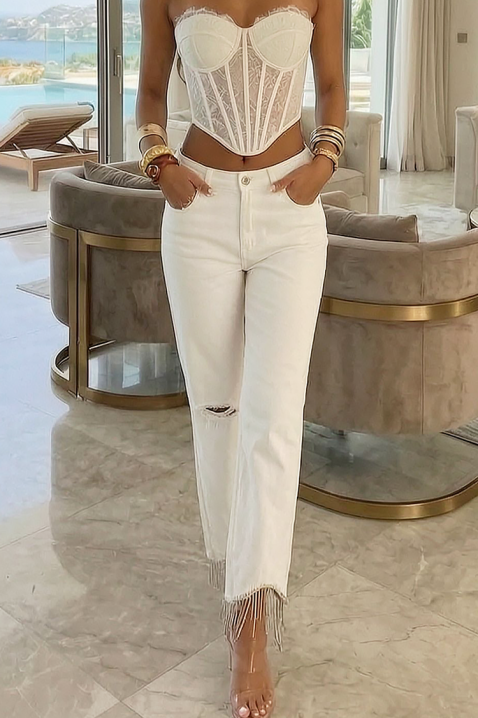 Damskie białe jeansy z frędzlami i postrzępieniami LURISA, Kolor : biały, IVET.PL - Modna odzież