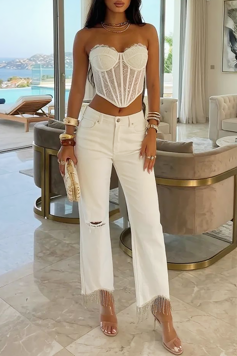 Damskie białe jeansy z frędzlami i postrzępieniami LURISA, Kolor : biały, IVET.PL - Modna odzież