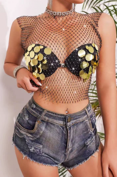 Top z siateczki z metalowymi elementami i cekinami SOLVINA, Kolor : czarny, IVET.PL - Modna odzież