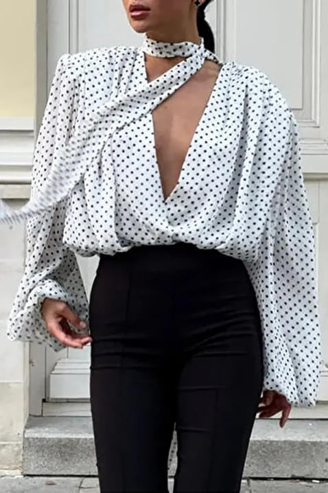 Koszula damska w białe groszki z dekoltem w serek i efektownym krawatem VIALINA, Kolor : biały z czarnym, IVET.PL - Modna odzież