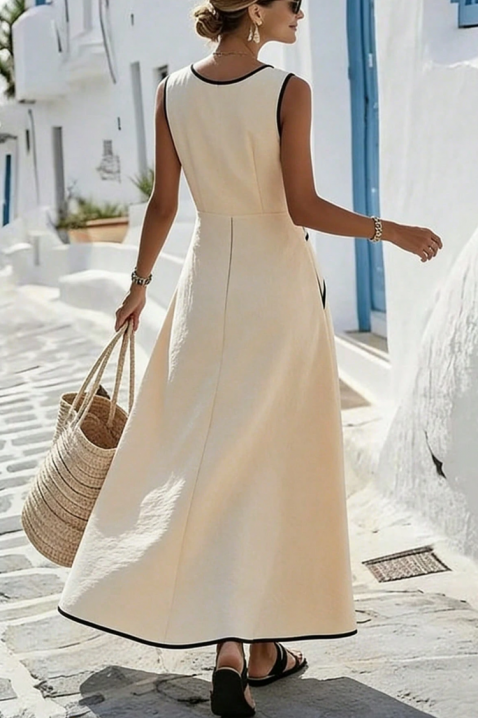 Elegancka, długa letnia sukienka z kontrastującymi, czarnymi brzegami ANRIELA, Kolor : ecru, IVET.PL - Modna odzież