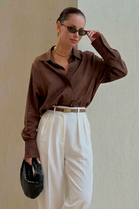 Elegancka satynowa koszula damska z długim rękawem AYANDA BROWN, Kolor : brązowy, IVET.PL - Modna odzież