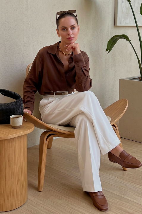 Elegancka satynowa koszula damska z długim rękawem AYANDA BROWN, Kolor : brązowy, IVET.PL - Modna odzież