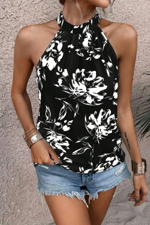 Top damski z dekoltem typu halter i kwiatowym nadrukiem DORVINA, Kolor : czarny z białym, IVET.PL - Modna odzież