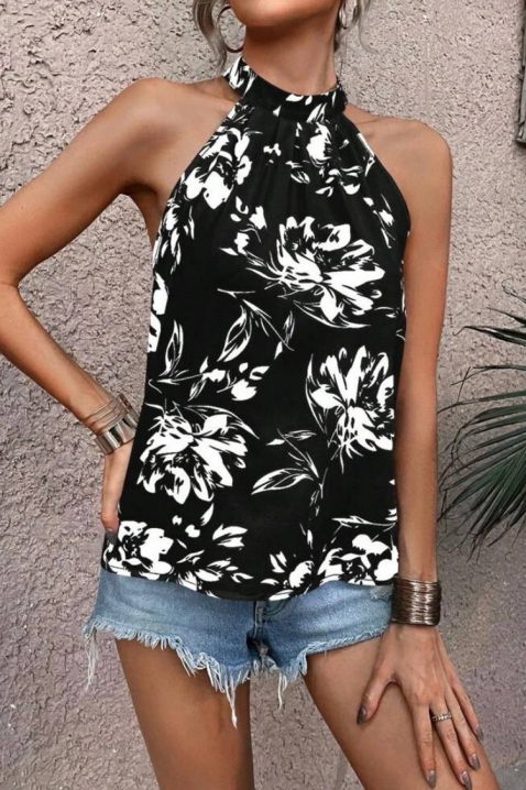 Top damski z dekoltem typu halter i kwiatowym nadrukiem DORVINA, Kolor : czarny z białym, IVET.PL - Modna odzież