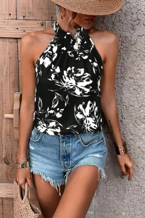 Top damski z dekoltem typu halter i kwiatowym nadrukiem DORVINA, Kolor : czarny z białym, IVET.PL - Modna odzież