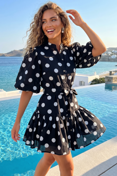 Sukienka w groszki i bufiaste rękawy SUNY BLACK, Kolor : czarny, IVET.PL - Modna odzież