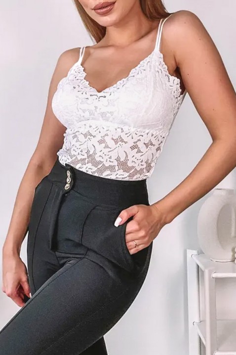 Elegancki koronkowy top damski na cienkich ramiączkach i efektownym tyle CALVESA ECRU, Kolor : ecru, IVET.PL - Modna odzież