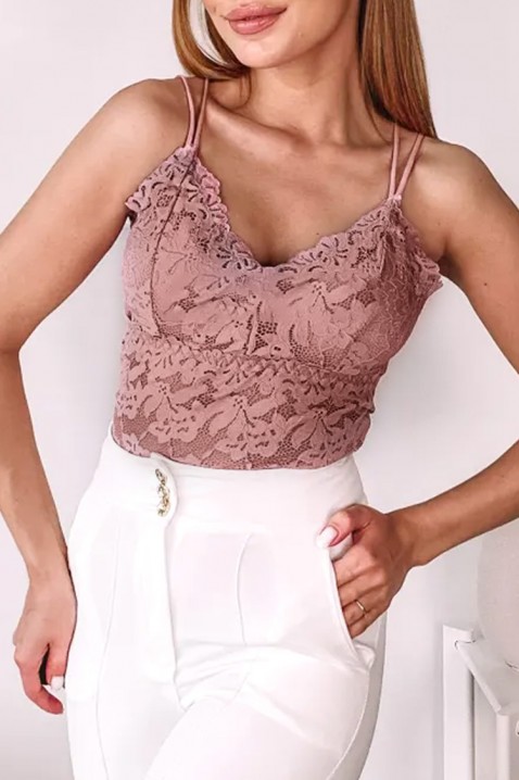 Elegancki koronkowy top damski na cienkich ramiączkach i efektownym plecach CALVESA PINKIVET.PL - Modna odzież