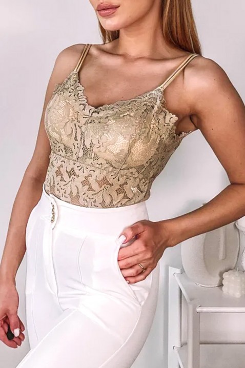 Elegancki koronkowy top damski na cienkich ramiączkach i efektownym tyle CALVESA BEIGEIVET.PL - Modna odzież