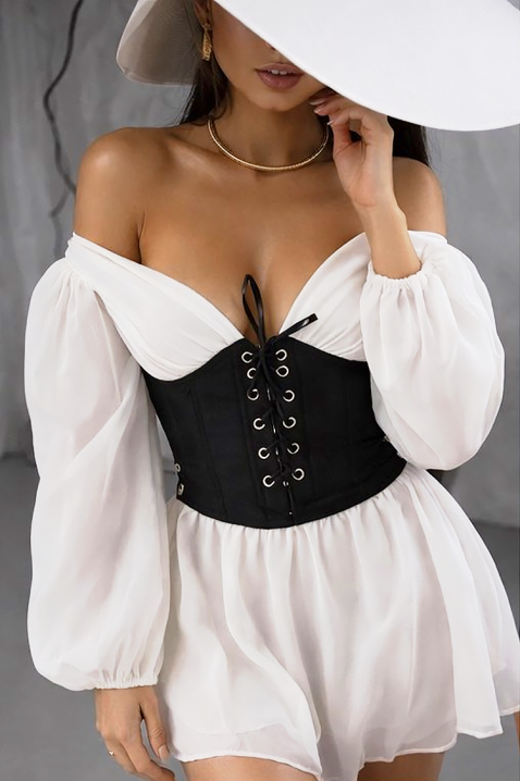 Krótka sukienka z gorsetem, obniżonymi ramionami i zwiewnymi rękawami SOLZIRA, Kolor : ecru, IVET.PL - Modna odzież